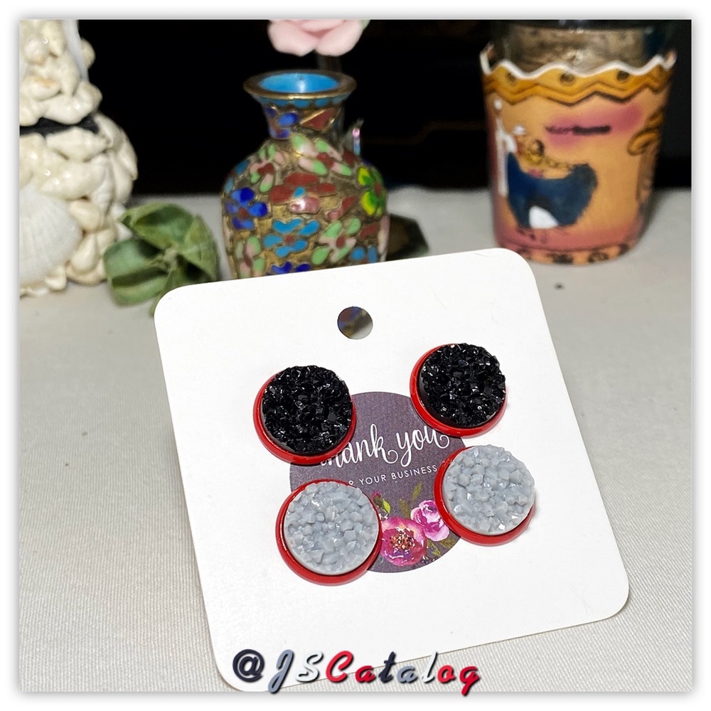 3 x Chunky Druzy on Red Studs Earrings